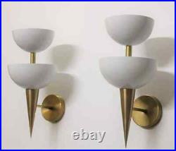 1950 Rare Mid Century White Dual Cup Wall Lamp Brass Italian Diabolo Scone Light