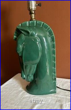 1950's MCM Ceramic Trojan Horse Head Desk Table Lamp Emerald Green Rare