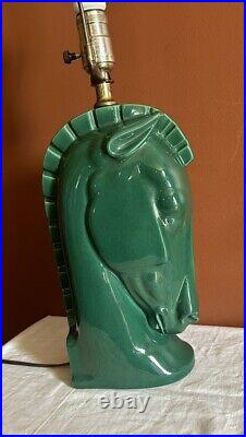 1950's MCM Ceramic Trojan Horse Head Desk Table Lamp Emerald Green Rare