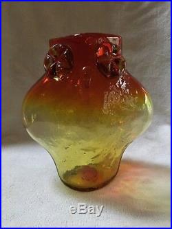 1958 BLENKO Glass Owl Vase (tangerine) by Wayne Husted- Mid Century Modern -Rare
