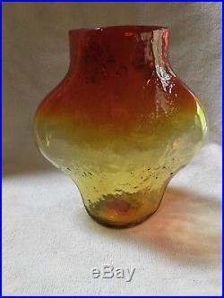 1958 BLENKO Glass Owl Vase (tangerine) by Wayne Husted- Mid Century Modern -Rare