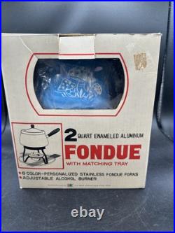 1970's Fondue Pot, Mid Century Modern Fondue Rare Mushrooms Design Blue NOS