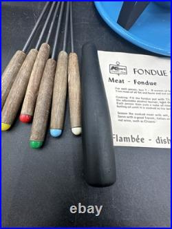 1970's Fondue Pot, Mid Century Modern Fondue Rare Mushrooms Design Blue NOS