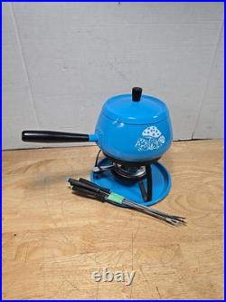 1970's Fondue Pot, Mid Century Modern Fondue Rare Mushrooms Design Blue lot