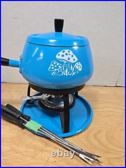 1970's Fondue Pot, Mid Century Modern Fondue Rare Mushrooms Design Blue lot