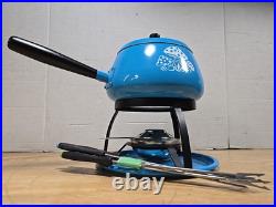 1970's Fondue Pot, Mid Century Modern Fondue Rare Mushrooms Design Blue lot