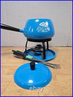 1970's Fondue Pot, Mid Century Modern Fondue Rare Mushrooms Design Blue lot