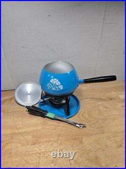 1970's Fondue Pot, Mid Century Modern Fondue Rare Mushrooms Design Blue lot