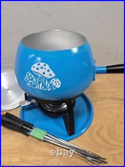 1970's Fondue Pot, Mid Century Modern Fondue Rare Mushrooms Design Blue lot