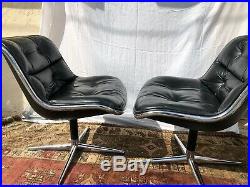 2 ESTATE KNOLL Charles POLLOCK SWIVEL Chairs Black Leather 4 leg Bases-RARE