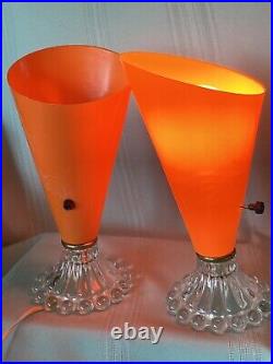 2 Orange Mid Century Modern ATOMIC Plastic Shade With Glass Base RARE Groovy