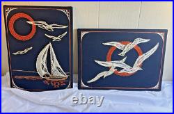 2 RARE Vintage Mid Century Modern Kitsch String Art Wall Hanging, 70's Matching