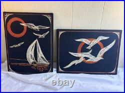 2 RARE Vintage Mid Century Modern Kitsch String Art Wall Hanging, 70's Matching