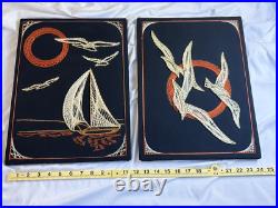 2 RARE Vintage Mid Century Modern Kitsch String Art Wall Hanging, 70's Matching