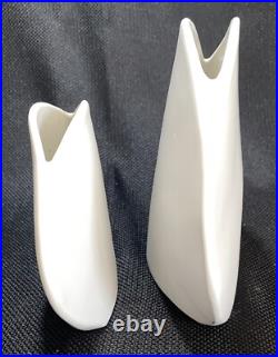(2) Rare Mid Century Modern Matte White Minimalist Pocket Vase Japan Organic