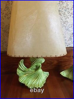 2 Rare Mid Century Modern Pottery Green Flowing Hair Figural Girl Lamps 1 Shade