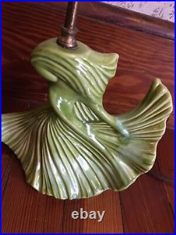 2 Rare Mid Century Modern Pottery Green Flowing Hair Figural Girl Lamps 1 Shade