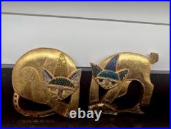 2 Vintage MCM Mid-Century Modern Gold Wood Cat Wall Hangings UNUSUAL Rare