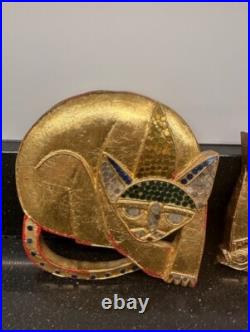 2 Vintage MCM Mid-Century Modern Gold Wood Cat Wall Hangings UNUSUAL Rare