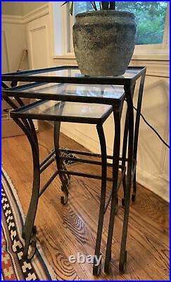 (3) Vintage Mid Century Modern Wrought Iron Glass Lamp Nesting Tables RARE