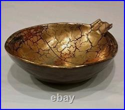 BITOSSI Asymmetric Gold Crackle Glaze Ceramic Bowl Italy Mid CENTURY MODERN RARE