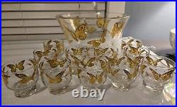 Culver Mid-century Modern Punch Bowl 22k Gold Butterflies With 11 Glasses RARE