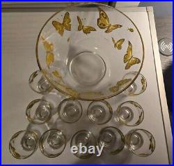 Culver Mid-century Modern Punch Bowl 22k Gold Butterflies With 11 Glasses RARE