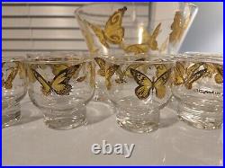 Culver Mid-century Modern Punch Bowl 22k Gold Butterflies With 11 Glasses RARE