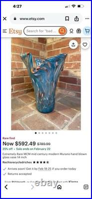 Extremely Rare MCM Mid Century Modern Murano Hand Blown Glass Vase SEE DESCRIP