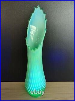 Fenton 17 1/2 Green Vaseline Glass Opalescent Hobnail Swung Vase RARE Glows