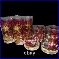 Fred Press Butterfly Glasses Set 8 Cranberry Pink Gold Highball Rocks MCM Rare