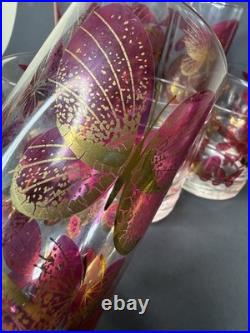 Fred Press Butterfly Glasses Set 8 Cranberry Pink Gold Highball Rocks MCM Rare