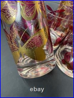 Fred Press Butterfly Glasses Set 8 Cranberry Pink Gold Highball Rocks MCM Rare
