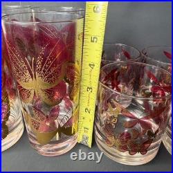 Fred Press Butterfly Glasses Set 8 Cranberry Pink Gold Highball Rocks MCM Rare