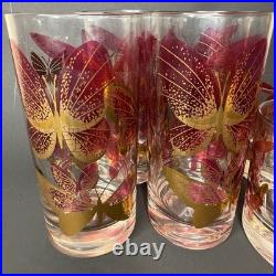 Fred Press Butterfly Glasses Set 8 Cranberry Pink Gold Highball Rocks MCM Rare