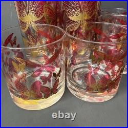 Fred Press Butterfly Glasses Set 8 Cranberry Pink Gold Highball Rocks MCM Rare