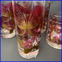Fred Press Butterfly Glasses Set 8 Cranberry Pink Gold Highball Rocks MCM Rare