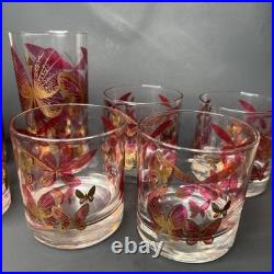 Fred Press Butterfly Glasses Set 8 Cranberry Pink Gold Highball Rocks MCM Rare