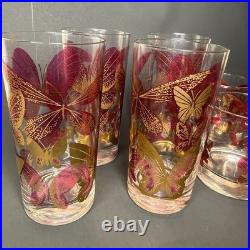 Fred Press Butterfly Glasses Set 8 Cranberry Pink Gold Highball Rocks MCM Rare
