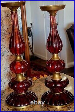 Huge Heavy Pair Pillar Candle Table MCM Lucite sticks red amber Brass Rare