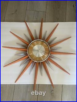 KIRCH RETRO Mid Century Modern Sunburst Metal Atomic Wall Clock Orange RARE