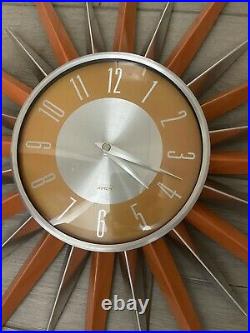 KIRCH RETRO Mid Century Modern Sunburst Metal Atomic Wall Clock Orange RARE
