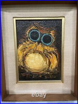 Kay Blaco Big Eyes Owl Mid Century Modern Original Oil Masonite Painting RARE
