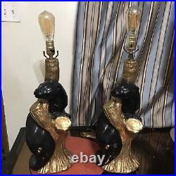 MCM Black Panther Lamp Set (2) Ceramic Vintage Cat Table Lamps Rare NO SHADES