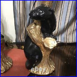 MCM Black Panther Lamp Set (2) Ceramic Vintage Cat Table Lamps Rare NO SHADES