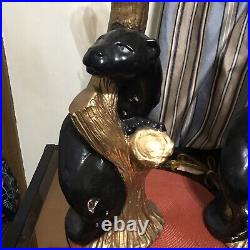 MCM Black Panther Lamp Set (2) Ceramic Vintage Cat Table Lamps Rare NO SHADES