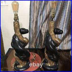 MCM Black Panther Lamp Set (2) Ceramic Vintage Cat Table Lamps Rare NO SHADES