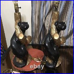 MCM Black Panther Lamp Set (2) Ceramic Vintage Cat Table Lamps Rare NO SHADES