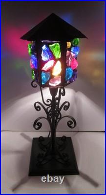 MCM Rare Marked Peter Marsh Chunk Glass Wrought Iron Wood Base Lamp 22 1/2 Tall