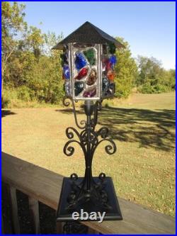 MCM Rare Marked Peter Marsh Chunk Glass Wrought Iron Wood Base Lamp 22 1/2 Tall